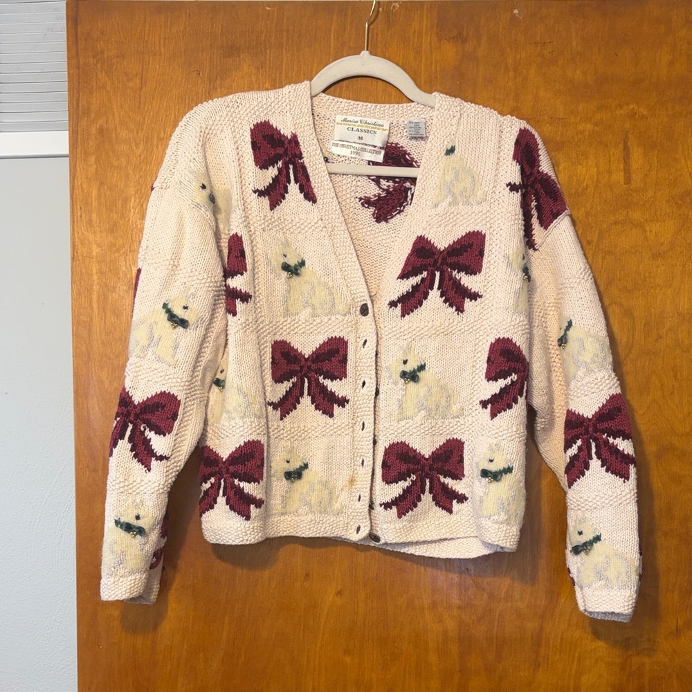 Carole Little Cream Cardigan with Burgundy Bow Accents - Picture 1 of 4